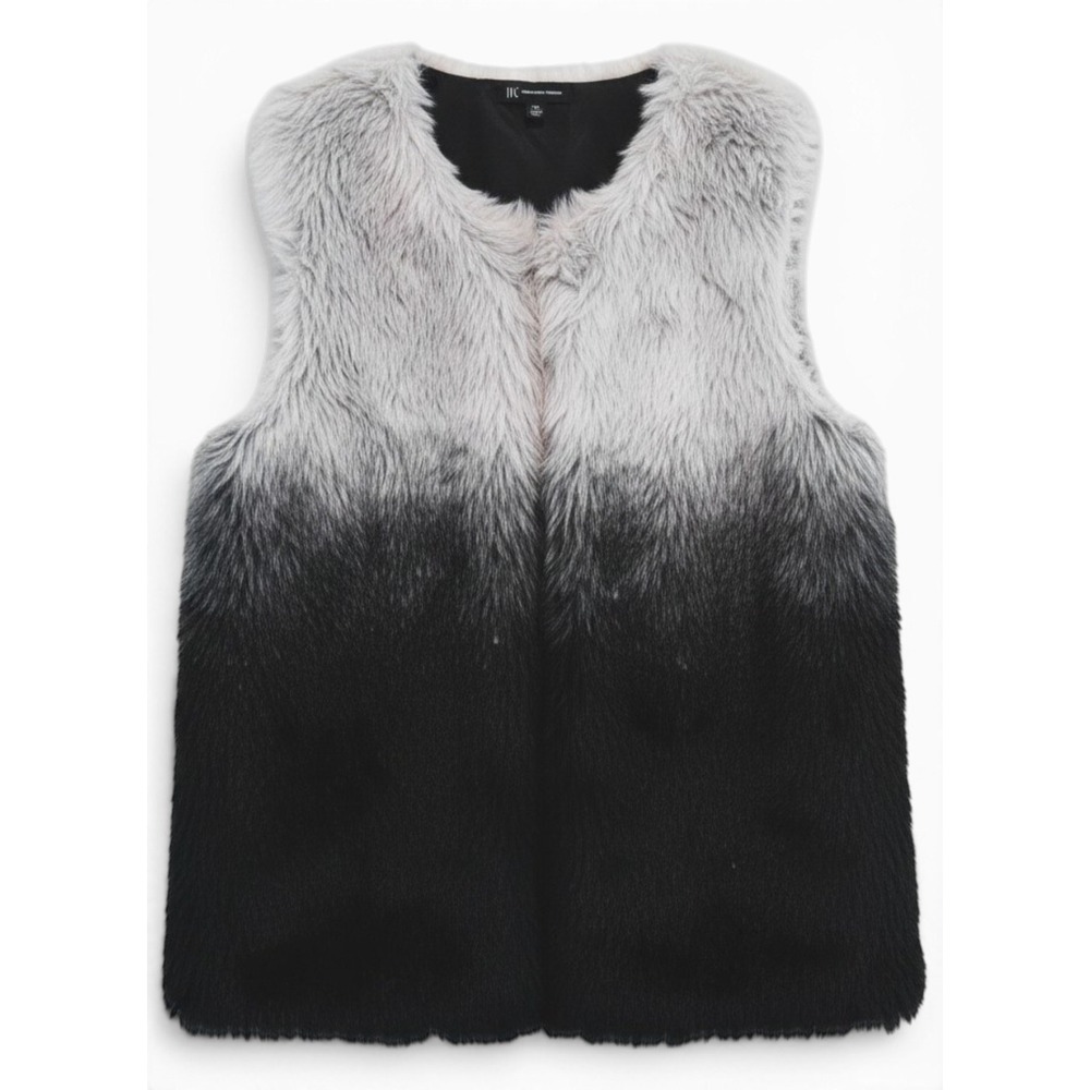 INC International Concepts‎ Faux Fur Vest Women M/L Black Gray Edgy Mob Wife